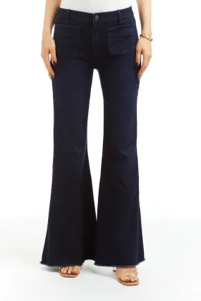 High Rise Front Patch Pocket Wide Flare Fray Hem In Dark Indigo