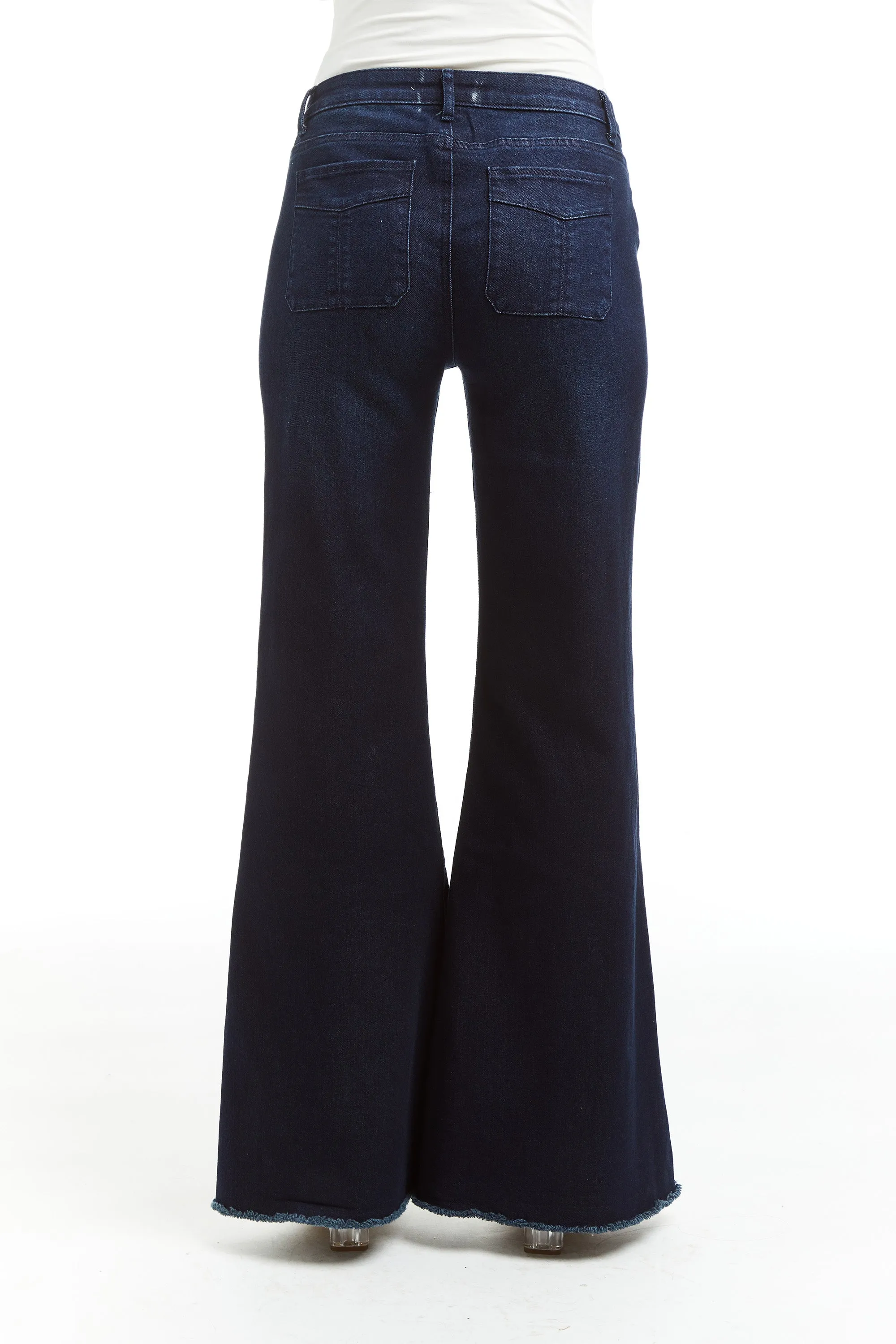 High Rise Front Patch Pocket Wide Flare Fray Hem In Dark Indigo