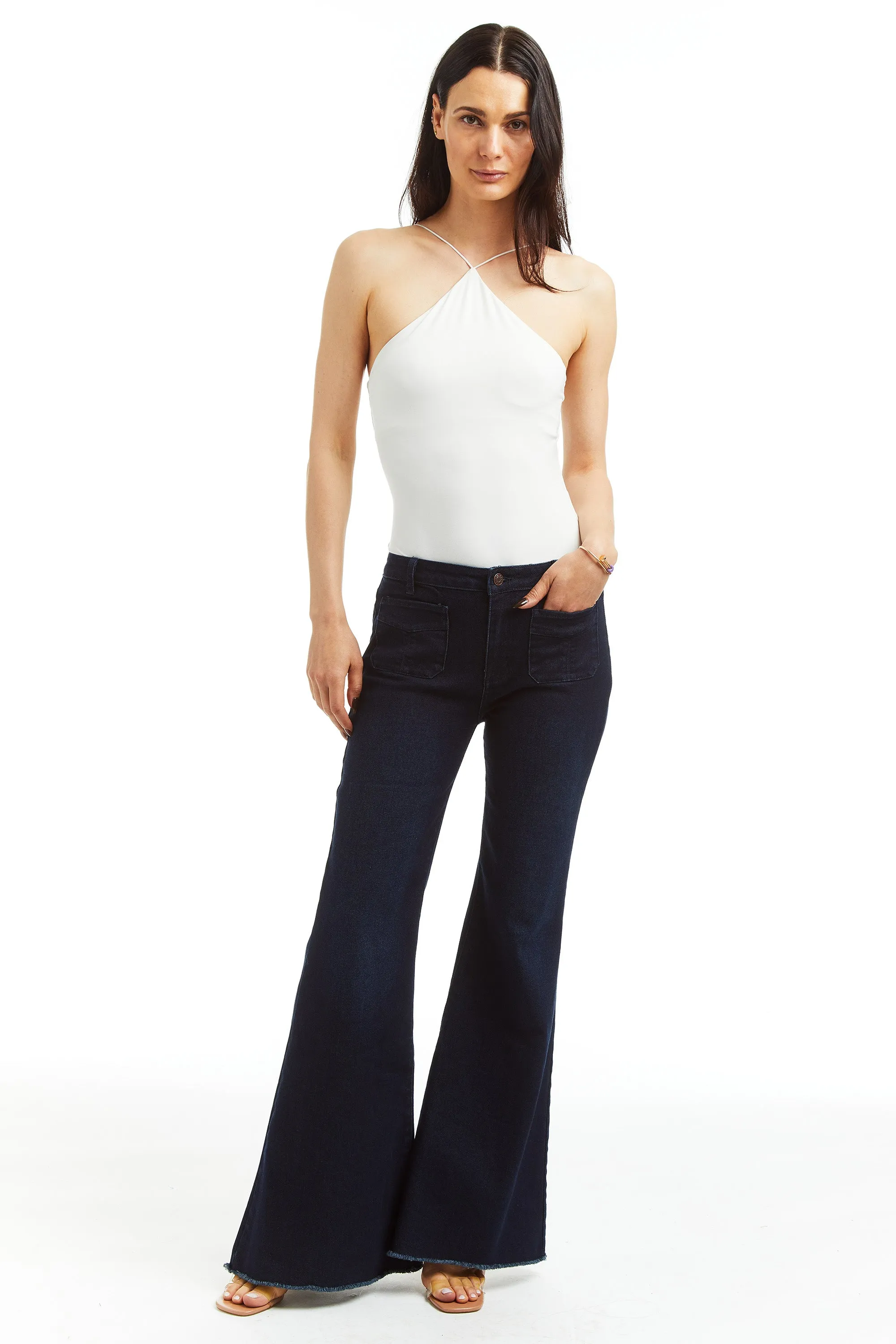 High Rise Front Patch Pocket Wide Flare Fray Hem In Dark Indigo