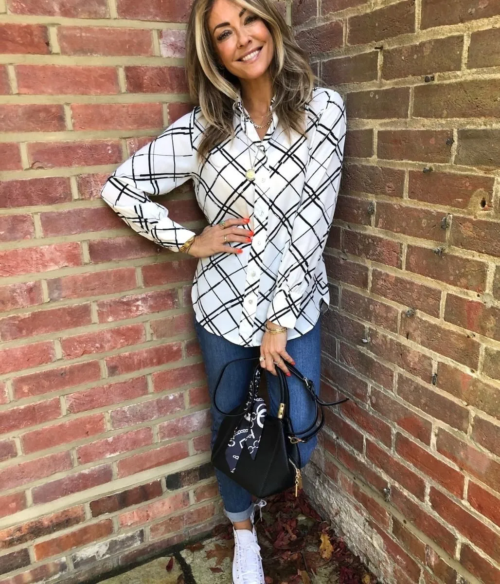 Ivory Check Long Sleeve Blouse