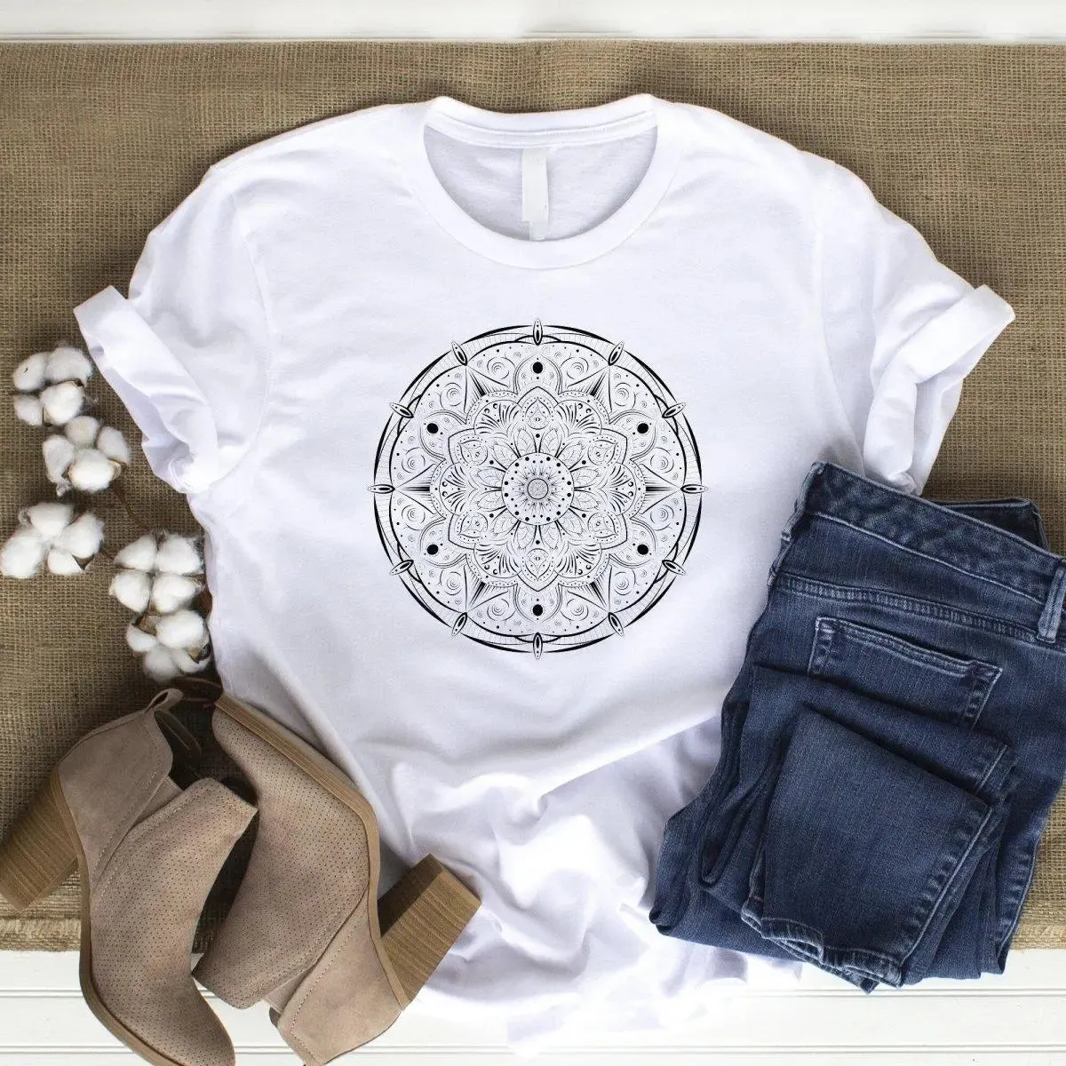 Mandala Flower T-shirt, Mandala Shirt, Womens Boho Tee, Bohemian Casual T Shirt Women, Mandala Gift for Her, Lounge Wear Tshirt, Hippie Top