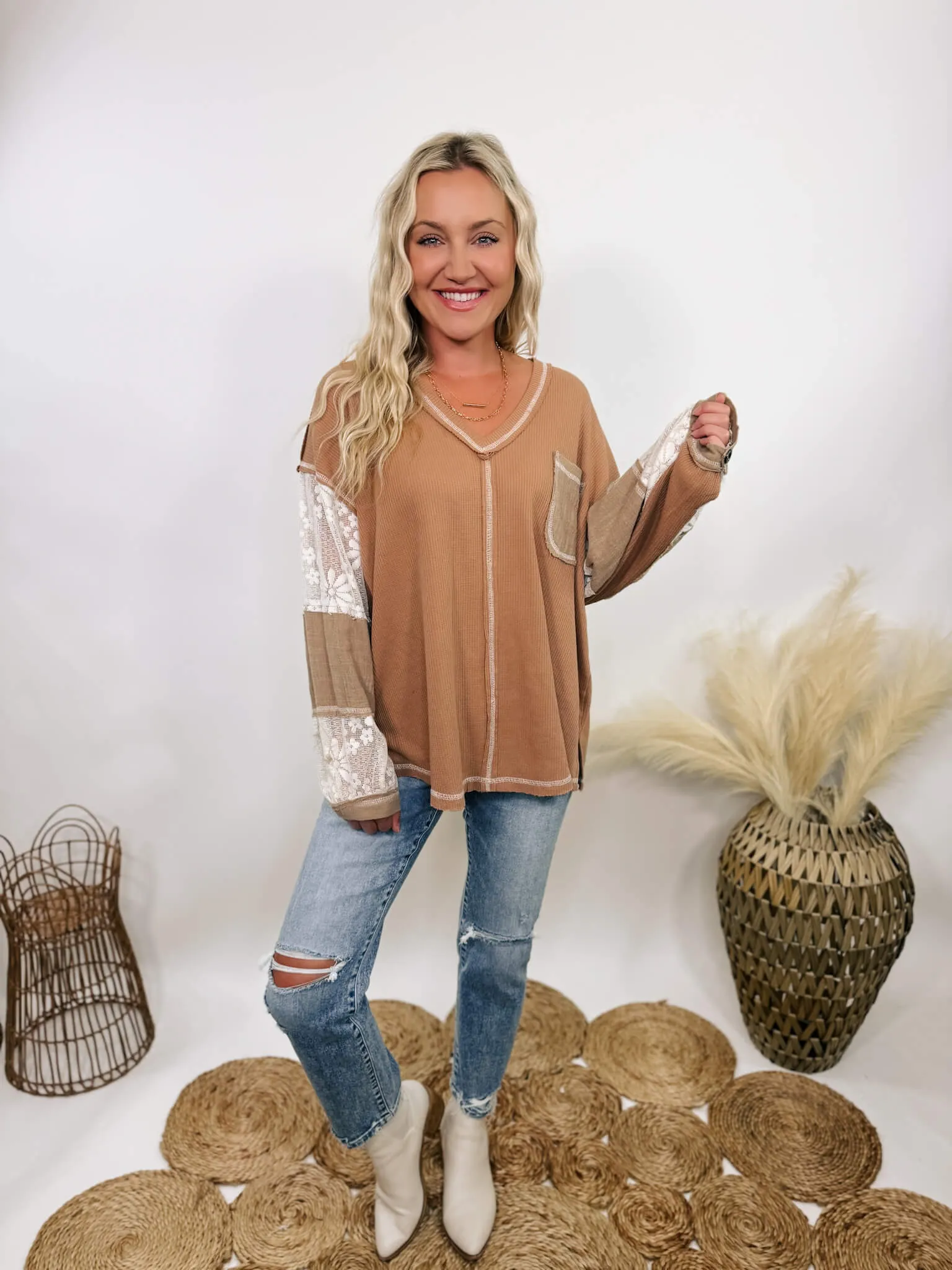 Mocha and Lace Patchwork Long Sleeve Top in Camel by POL Clothing
