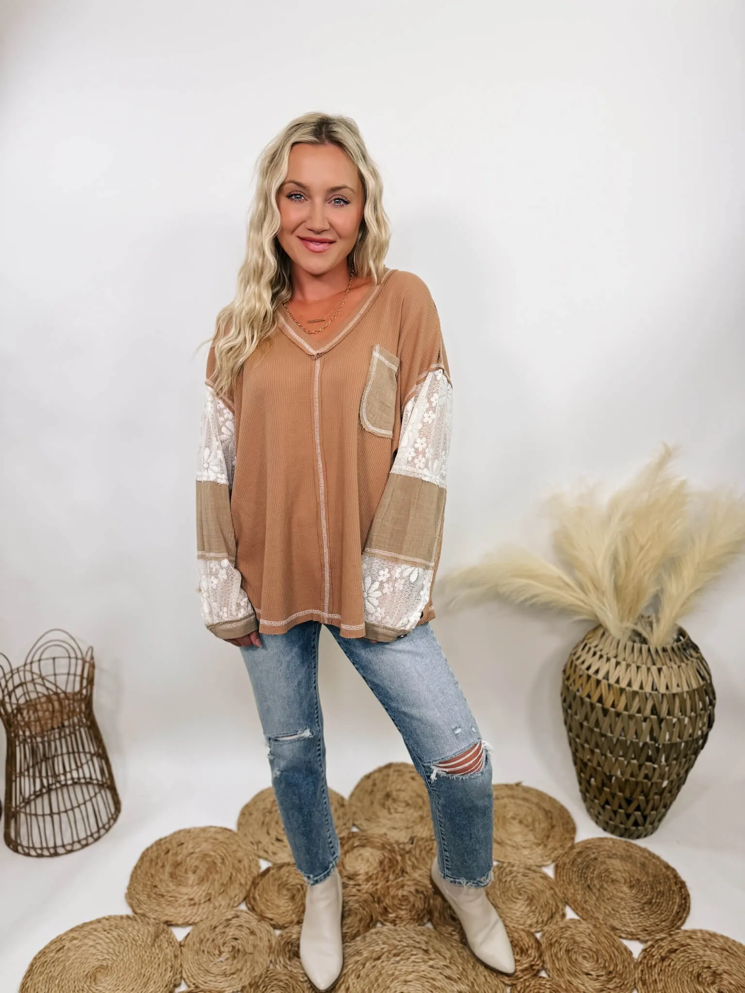 Mocha and Lace Patchwork Long Sleeve Top in Camel by POL Clothing