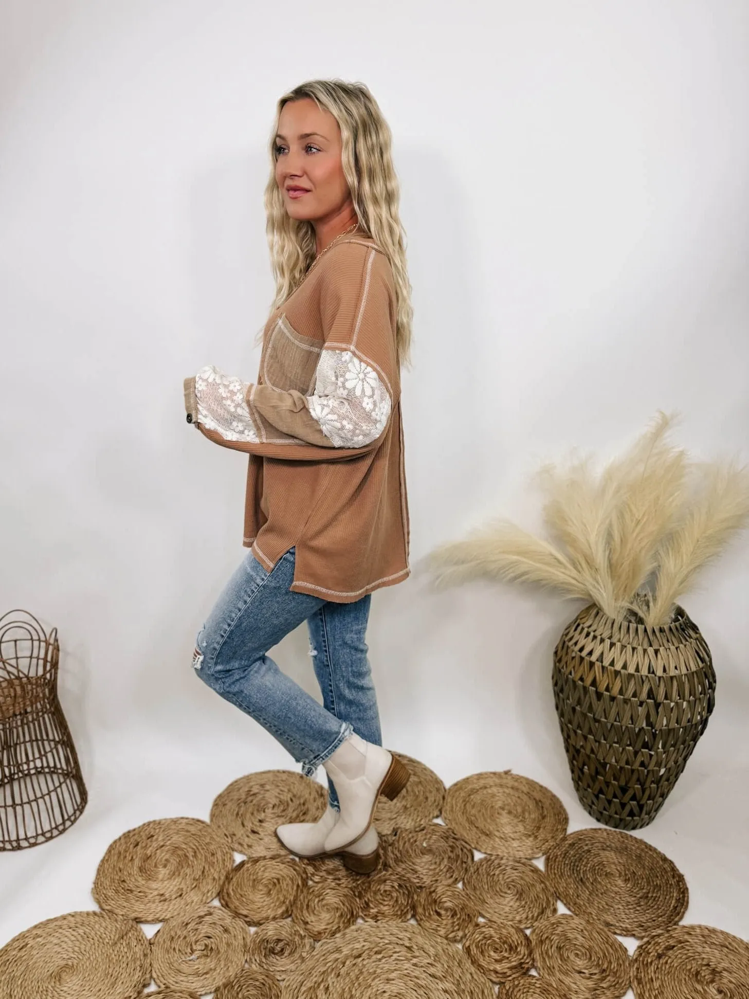 Mocha and Lace Patchwork Long Sleeve Top in Camel by POL Clothing