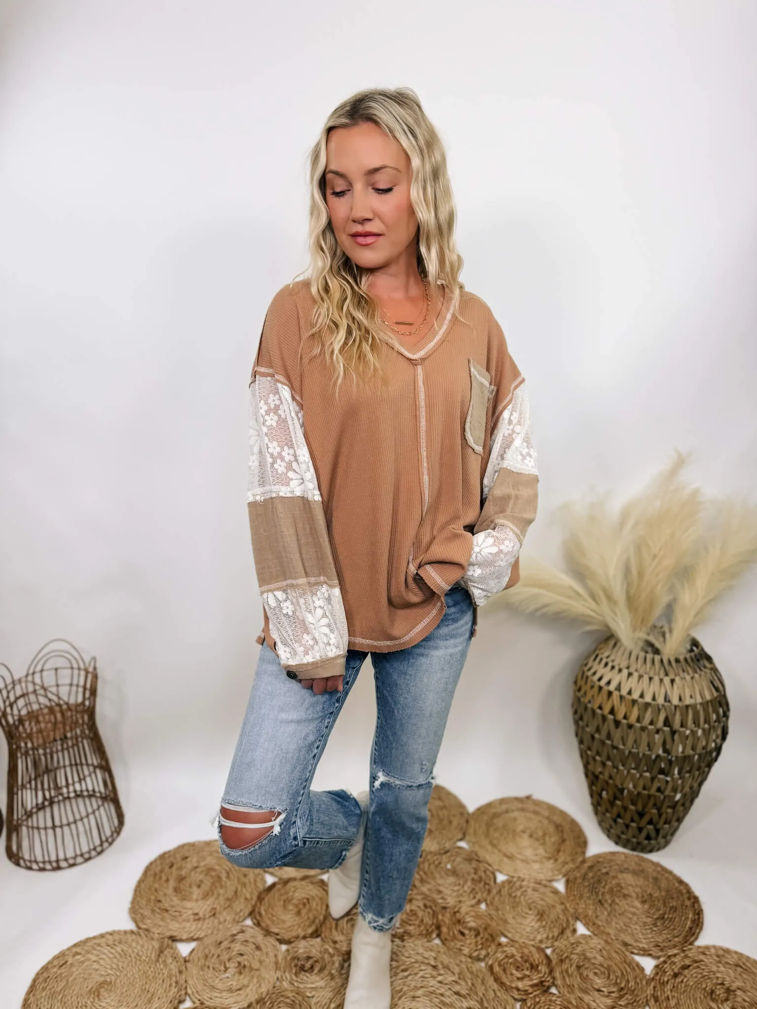 Mocha and Lace Patchwork Long Sleeve Top in Camel by POL Clothing