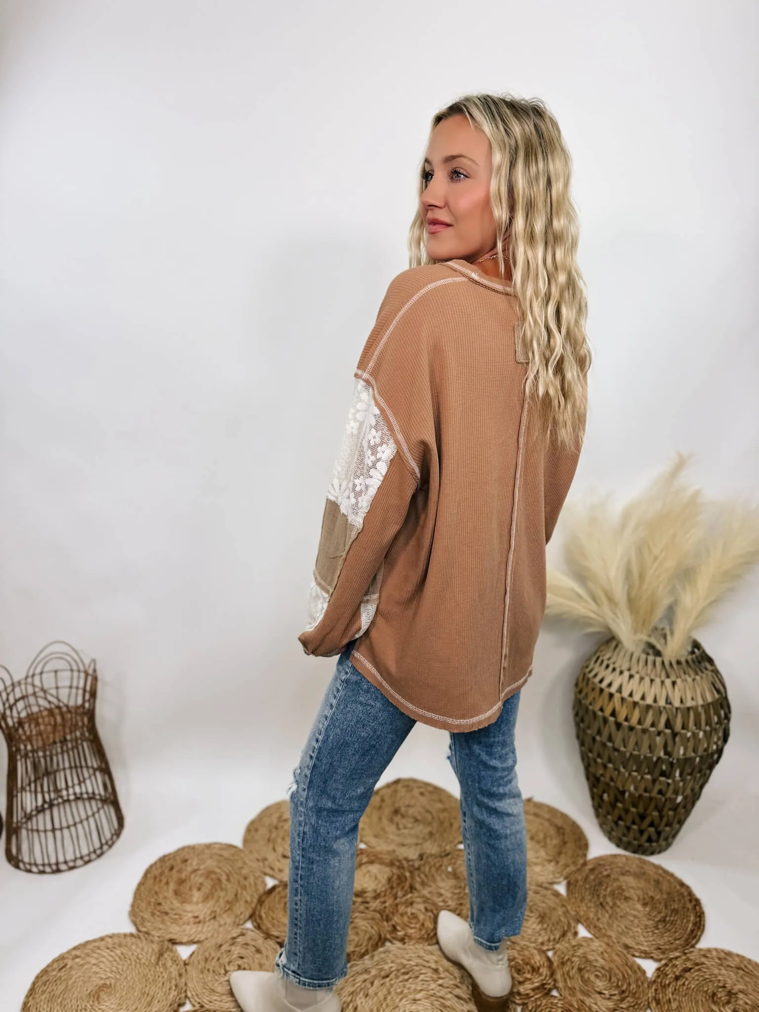 Mocha and Lace Patchwork Long Sleeve Top in Camel by POL Clothing