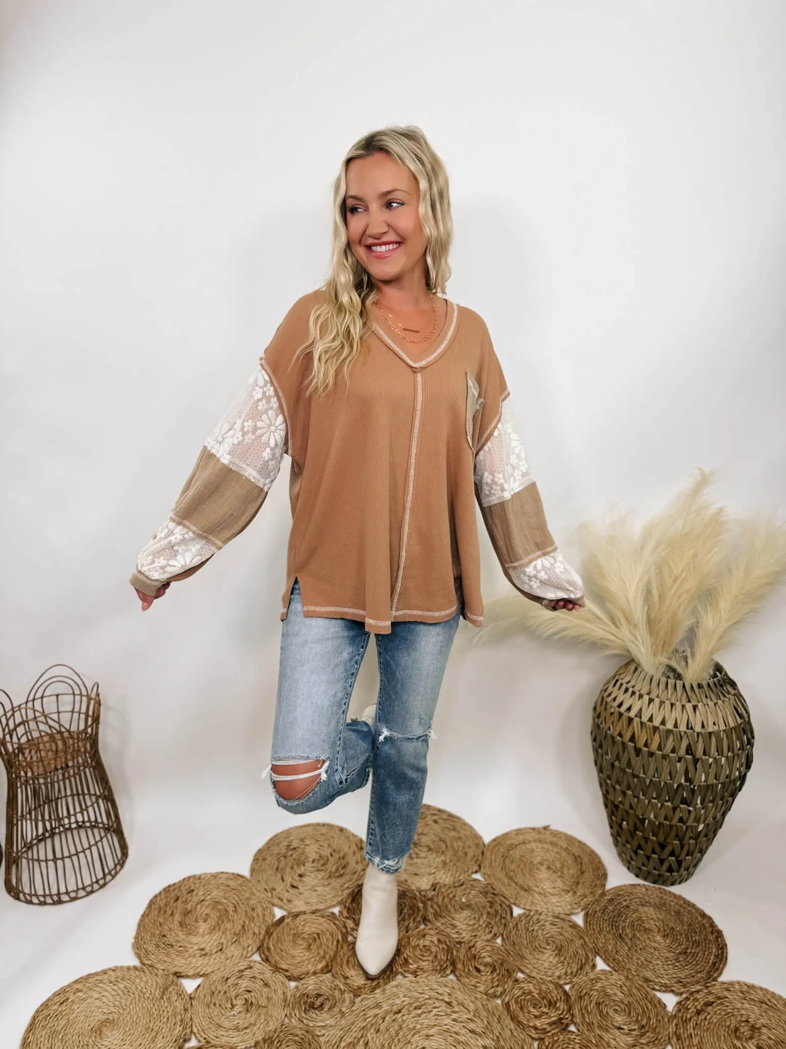 Mocha and Lace Patchwork Long Sleeve Top in Camel by POL Clothing