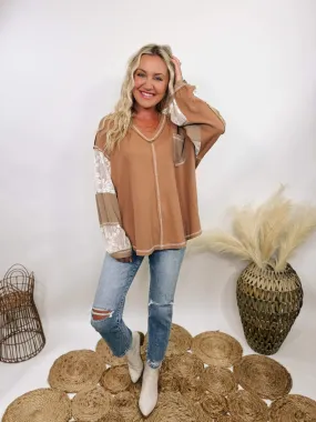 Mocha and Lace Patchwork Long Sleeve Top in Camel by POL Clothing