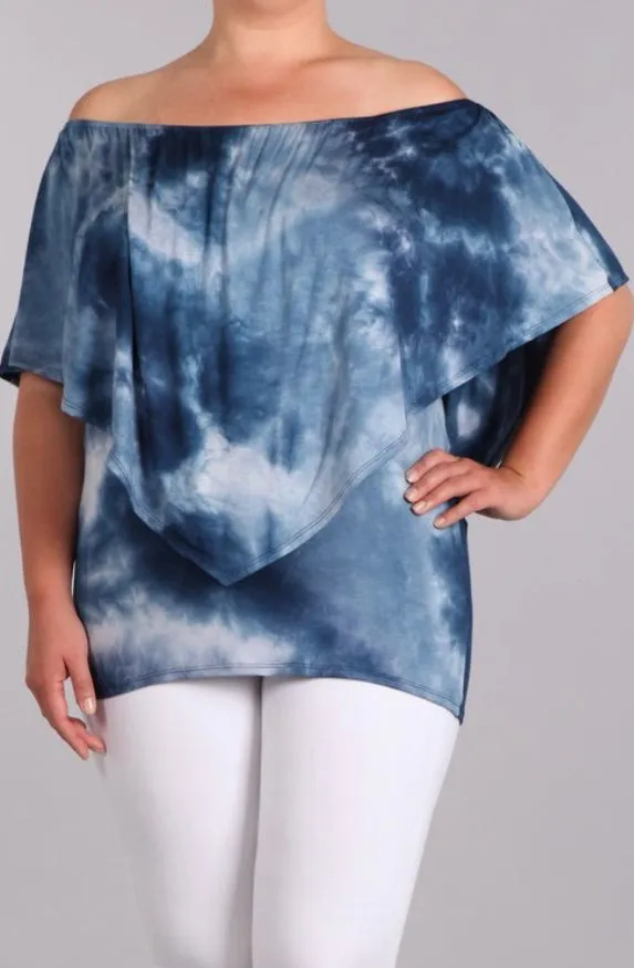 Plus Top Tie Dye Off Shoulder One Bohemian Boho Sexy Blue Casual