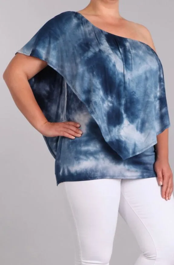 Plus Top Tie Dye Off Shoulder One Bohemian Boho Sexy Blue Casual