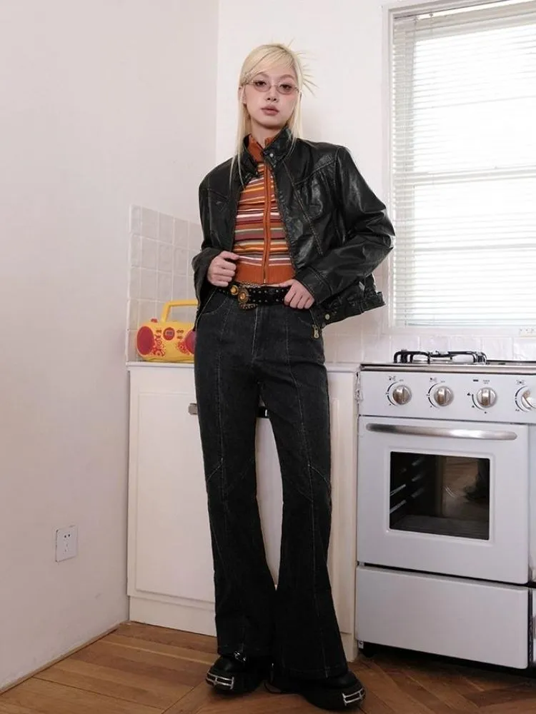 Retro modern black split jeans【s0000003504】