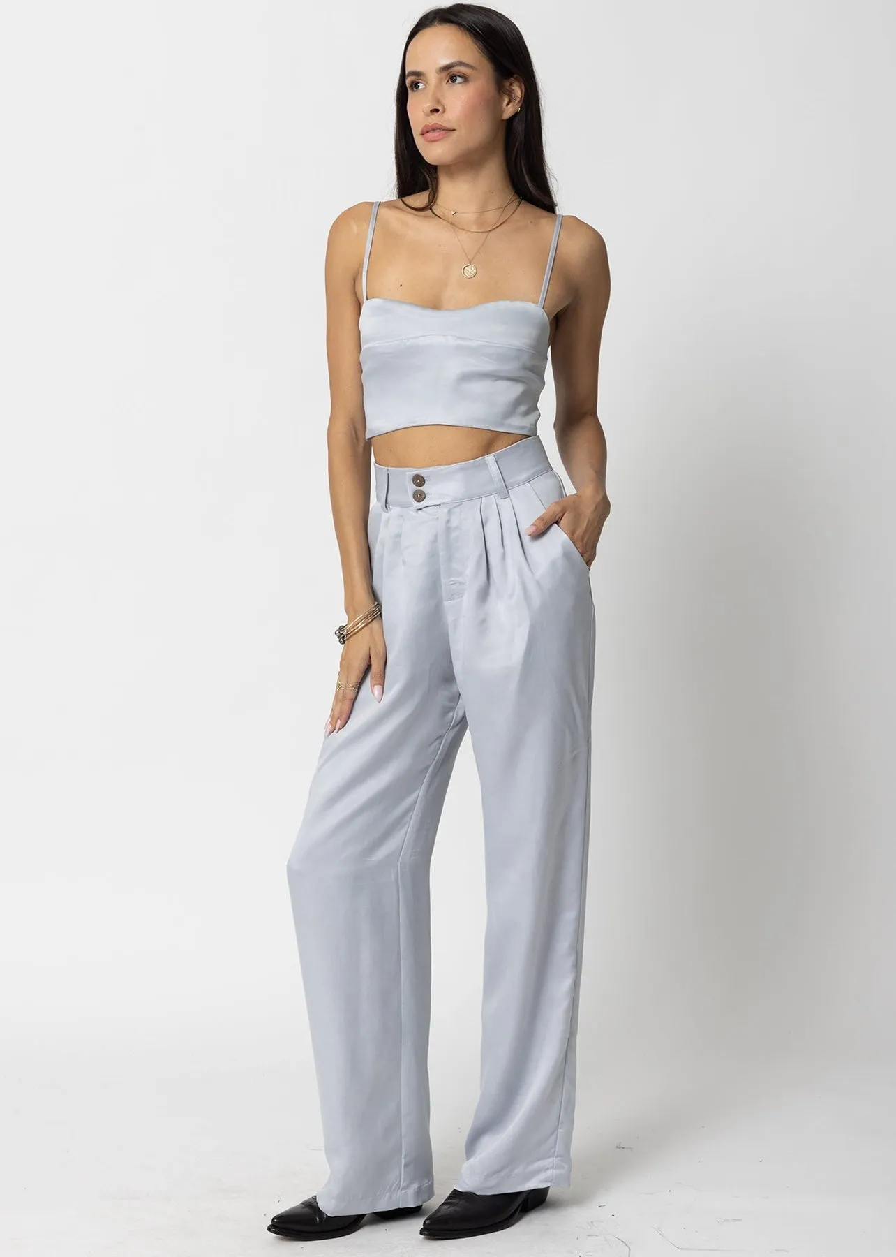 Stillwater Cupro Silky Pleated Pant in Silver