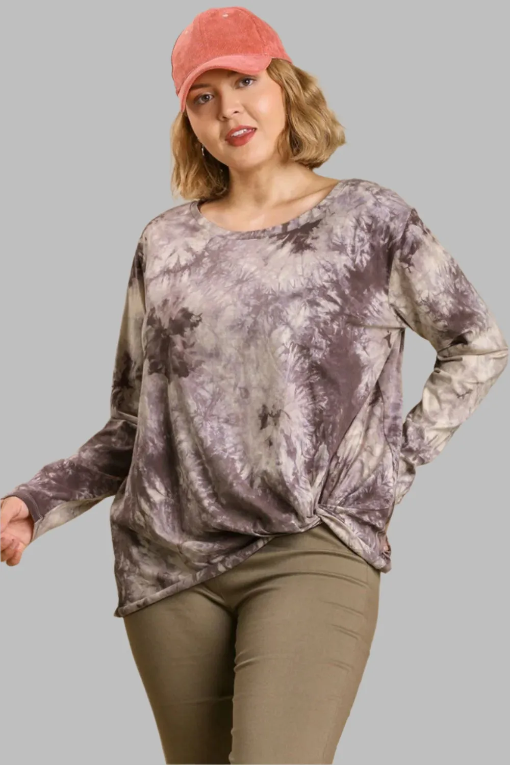 Tie Dye Front Gathered Detail Round Neck Long Sleeve T-Shirt