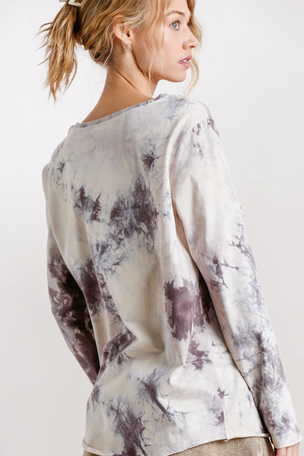 Tie Dye Front Gathered Detail Round Neck Long Sleeve T-Shirt