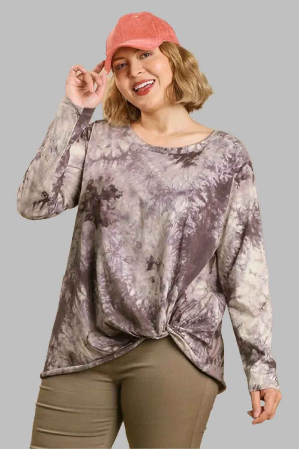 Tie Dye Front Gathered Detail Round Neck Long Sleeve T-Shirt