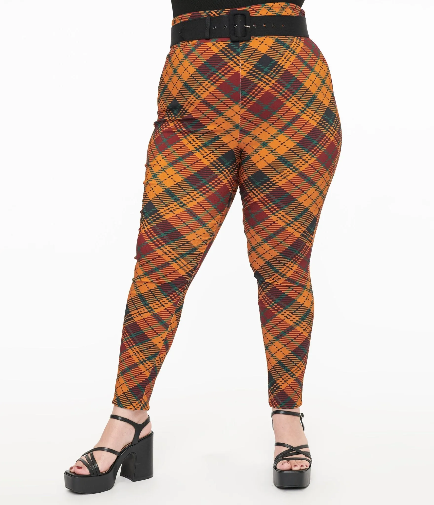Unique Vintage Plus Size 1960s Mustard & Burgundy Plaid High Waist Cigarette Pants