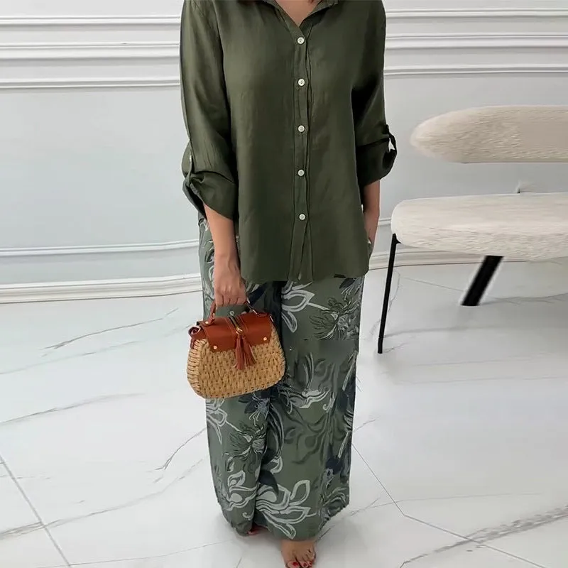 Women's Fashion Loose Cardigan Shirt & High Waist Pants Two Piece Set