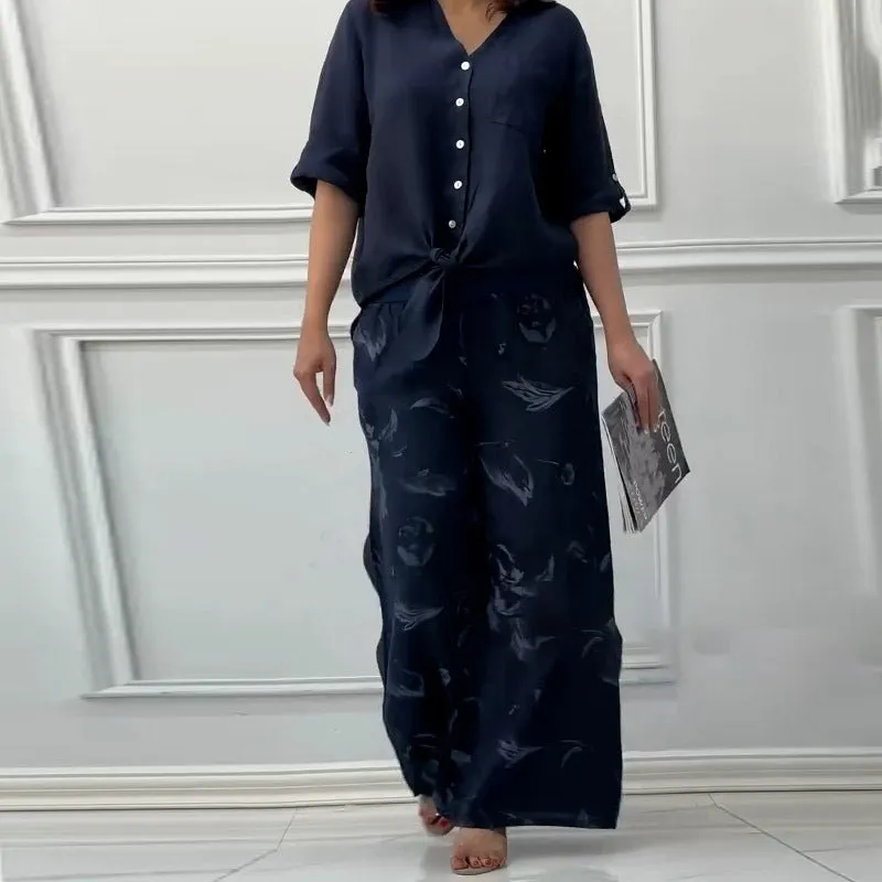 Women's Fashion Loose Cardigan Shirt & High Waist Pants Two Piece Set
