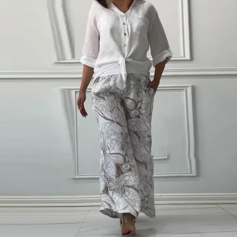 Women's Fashion Loose Cardigan Shirt & High Waist Pants Two Piece Set